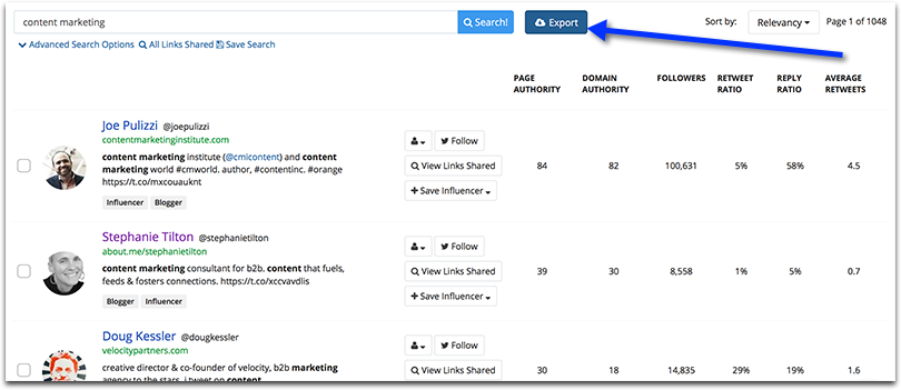 BuzzSumo "Influencers" Tab