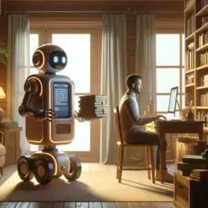An AI-generated image of a man typing at a computer in a cozy home office while a helpful robot stands behind him, holding a stack of books
