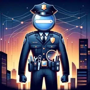 An AI-generated image of a search engine personified as a police officer