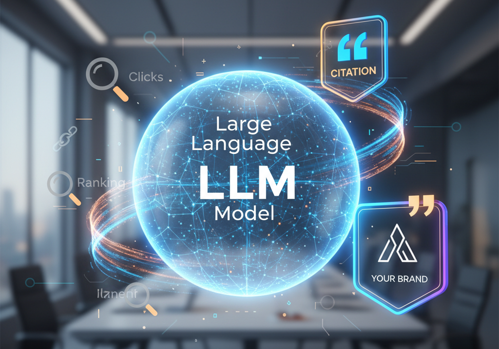 Glowing globe labeled "large language llm model" with digital icons in a modern office setting, showcasing how ai citations enhance seo and drive business competition.